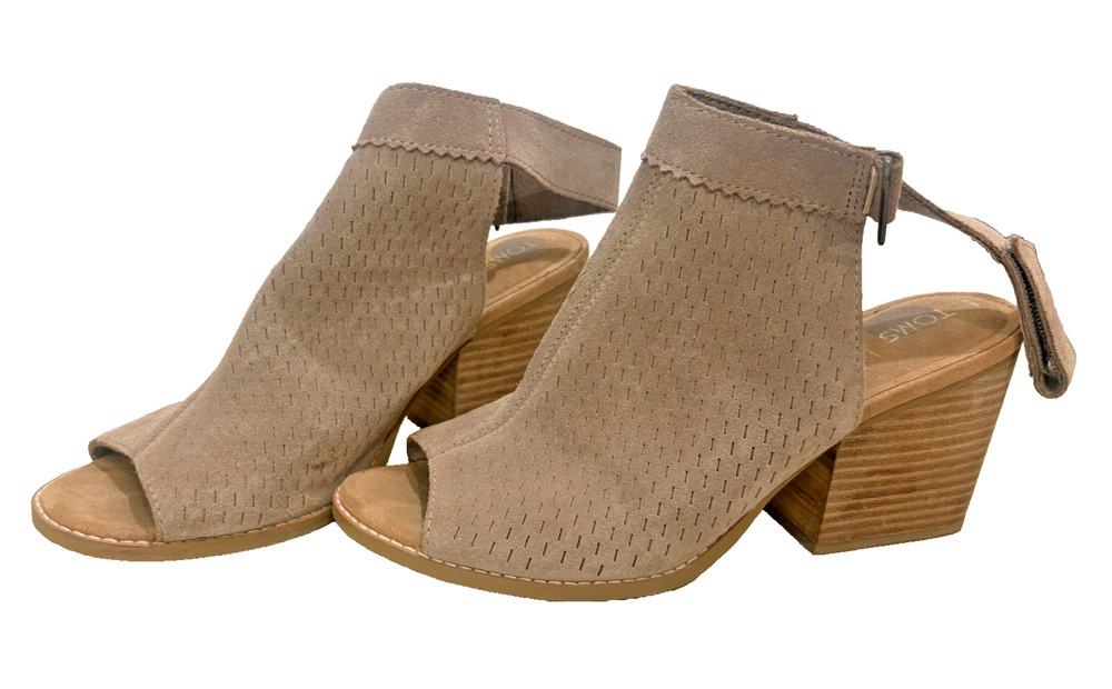 Women's Toms Grenada Taupe Grey Suede Perforated Peep Toe Sandal Shoes 6M